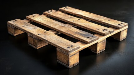 A square 3D wooden pallet with sharp corners and natural finishes on a black surface