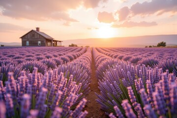 stunning lavender field during sunset. Rows of vibrant purple lavender stretch out in neat lines toward the horizon, creating a wavy pattern. In the background, a quaint house with a red roof sits ami