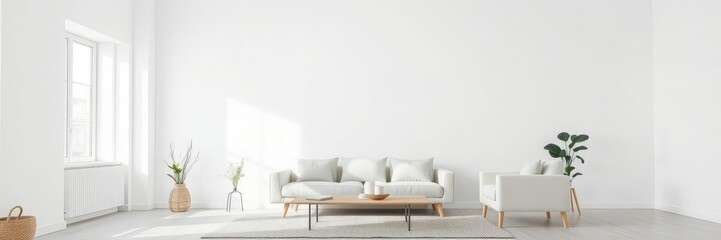 Minimalist living room with a white wall as background, clean lines, calm atmosphere, empty space