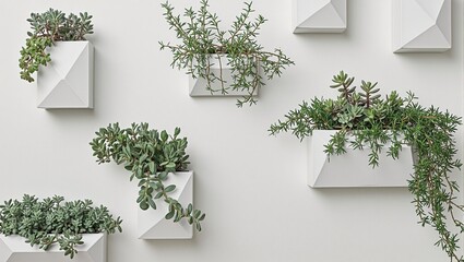 Modern wall with geometric succulent planters and rosemary creating a contemporary botanical vibe