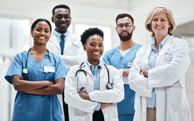 Asian people, happy or portrait of doctors with arms crossed in hospital services or about us....