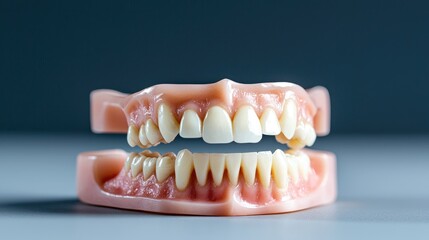 Obraz premium Dental model showing teeth, jaw, gums, on grey background for education
