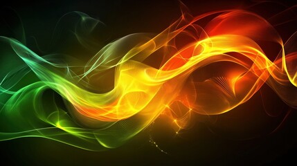 Obraz premium Abstract vibrant waves of color in green, yellow, orange, and red swirled against a dark background, creating a dynamic and energetic visual flow for creative designs and projects.