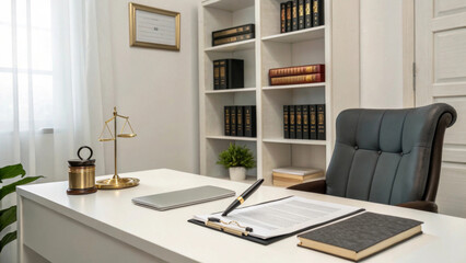 The elegant office space features a desk with elegant papers, a pen and the scales of justice. A comfortable chair and a well-arranged bookshelf with legal tomes enhance the professional atmosphere.AI