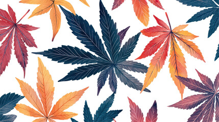 vibrant collection of cannabis leaves in various colors and shapes