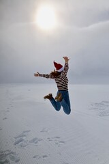 Snowy playful jump. High quality photo