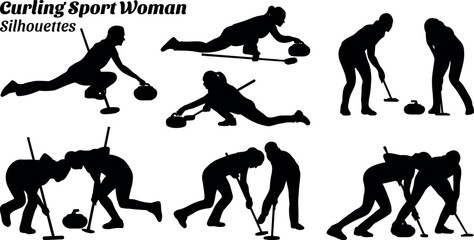 Set of Curling Sport Woman Side Pose Silhouettes
