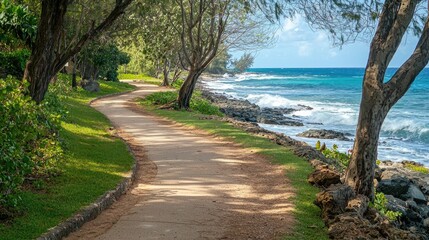 Fototapeta premium A jogging track along a beach, with waves gently crashing nearby.