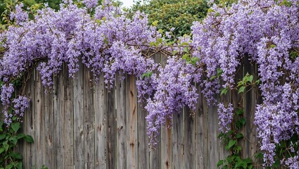 Obraz premium Rustic wooden fence with blooming wisteria in lavender hues