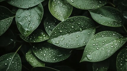 Fototapeta premium Close up view of lush, dark green leaves glistening with water droplets. The image features a high contrast, moody atmosphere with a focus on texture