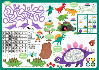 Vector dinosaur placemat for children. Prehistoric printable activity mat with maze, word search puzzle, shadow match, find difference. Ancient animals play mat, menu, kids magazine spreadsheet © Lexi Claus