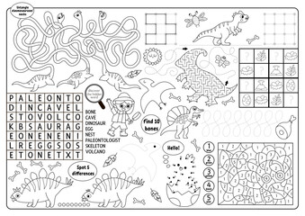 Vector dinosaur placemat for kids. Prehistoric printable activity mat with maze, tic tac toe charts, connect the dots, find difference. Ancient animals black and white play mat or coloring page © Lexi Claus