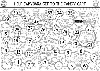 Capybara black and white dice board game with nature background. Capibara boardgame, coloring page.  Tabletop line activity, printable worksheet for kids. Help animal get to candy cart