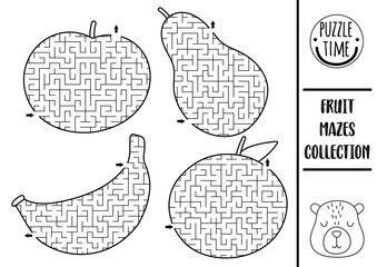 Fruit black and white geometrical maze set for kids. Preschool printable activity shaped as apple, pear, tangerine, banana. Capybara food labyrinth game, coloring page or puzzle collection