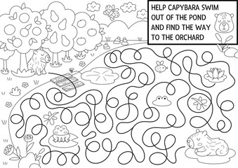 Fun black and white maze for kids with capybara swimming out from pond to fruit garden. Capibara preschool printable activity, coloring page with cute animal. Labyrinth game or puzzle