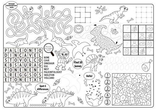Vector dinosaur placemat for kids. Prehistoric printable activity mat with maze, tic tac toe charts, connect the dots, find difference. Ancient animals black and white play mat or coloring page