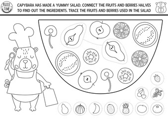 Find pair of fruit halves in capybara salad. Capibara black and white matching activity for children. Educational quiz worksheet for kids. Printable game, coloring page with cute animal chef