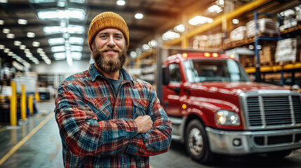 Professional trucker in warehouse logistics facility. Skilled worker. Industrial freight transport environment with commercial vehicle. Distribution center storage and shipping management expertise.
