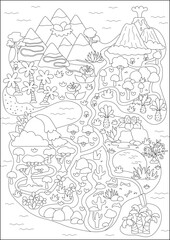 Vector black and white empty ancient continent map. Dinosaur landscape illustration. Prehistoric scenery, coloring page. Detailed island scene with paths. Dino land picture for kids
