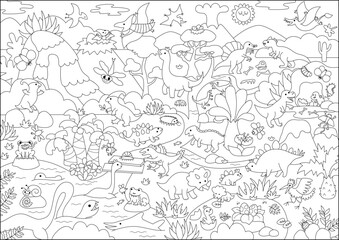Vector black and white dinosaur landscape illustration. Prehistoric scenery with mountains, forest, ancient animals. Funny detailed scene, coloring page with T-Rex. Dino land picture for kids © Lexi Claus