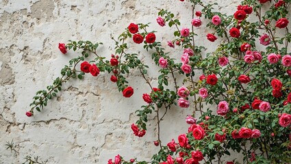 Vintage plaster wall adorned with lush red and pink climbing roses