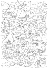 Vector black and white ancient continent map. Dinosaur landscape illustration, coloring page. Cute prehistoric scenery with animals. Funny detailed island scene with paths. Dino land picture © Lexi Claus