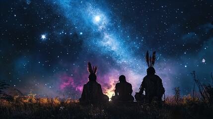 Three indigenous individuals seated on a grassy hill under a starry night sky, gazing at a vibrant cosmic display. The scene is illuminated by ethereal colors of purple and blue in the galaxy, with th