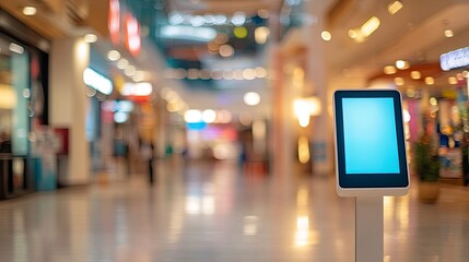 Fototapeta premium Blank white mockup of an advertising digital kiosk screen in a shopping mall with a blurred background for display or promotion concept. Real photo, copy space banner, soft focus,