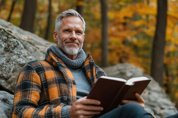 Fototapeta premium Mature Man Reading in Autumn Forest Wearing Warm Plaid Jacket