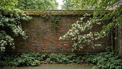Moss covered brick wall with blooming jasmine vines in shaded courtyard