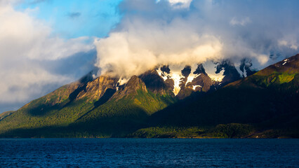 sailing through the mountainous region of the national park Alacalufes, Chile