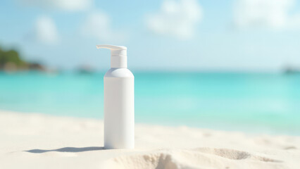 On left side of image white cosmetics shampoo bottle without labels, tube stays on sand , blurred Maldives beach on background, mockup