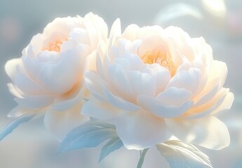 Fototapeta premium Close up view of two delicate, creamy white peonies with soft lighting and subtle dew drops on the petals and leaves. The background is a blurred