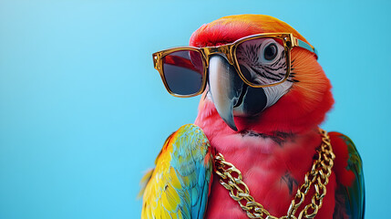 Parrot wearing stylish sunglasses and a gold chain standing confidently with a vibrant and charismatic look exuding luxury and attitude ultra-detailed high-quality studio portrait