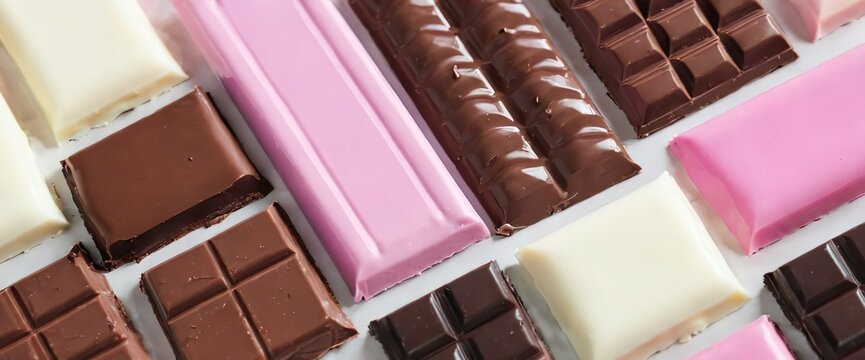 Assorted mocha mousse, ruby, and white chocolate bars arranged in geometric pattern. Minimal sweet dessert background with stylish pastel tones and gourmet texture, top view.