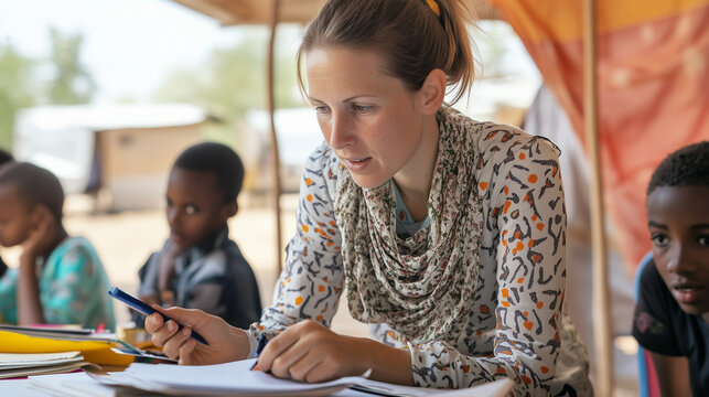 Caucasian volunteer teacher helping african children with their homework in a refugee camp