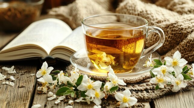 A relaxing scene with jasmine tea in a cup, an open book, and a cozy blanket in the background. - Powered by Adobe
