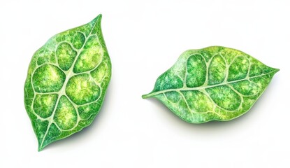 Naklejka premium Two green leaves with detailed vein patterns, watercolor style, isolated on white background. Close up view shows intricate details and texture
