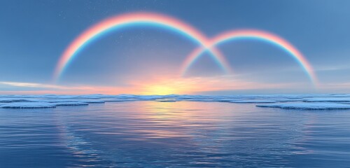Double rainbows arch over a serene, icy landscape at sunset. The calm water reflects the warm sunset hues and the vibrant rainbow colors. A peaceful