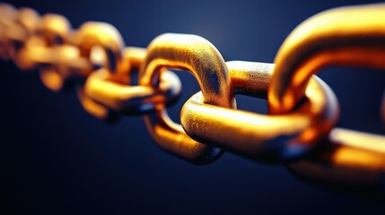 Obraz premium Close-up View of a Shiny Gold Chain Link on Dark Background, Symbolizing Strength, Connection, and Durability in Industrial or Artistic Contexts for Stock Photos