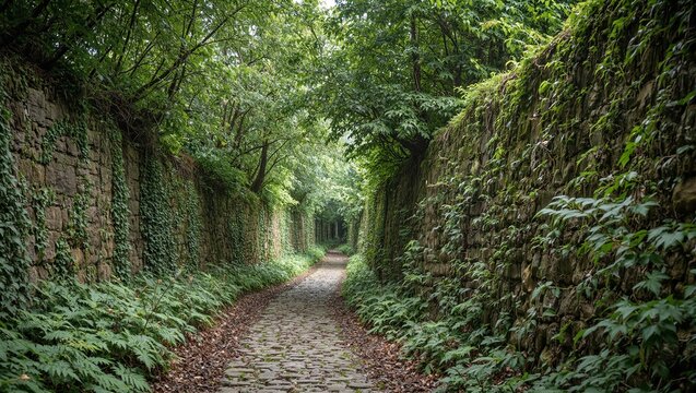 Enchanting cobblestone wall by forest path adorned with ferns and ivy
