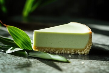 A slice of pandan cheesecake sits on rustic stone, highlighting its smooth texture and buttery crust, with fresh pandan leaves nearby.