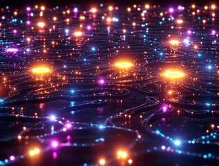 Abstract digital art depicting a vibrant, dark landscape illuminated by glowing particles and swirling energy. Multicolored lights create a dynamic