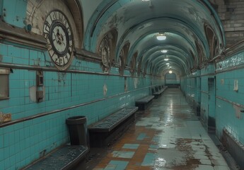 Fototapeta premium A long, dimly lit hallway with teal tiled walls and a wet floor. Benches line the sides, and old clocks are mounted on the walls. The overall