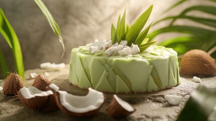 Pandan chiffon cake showcases a soft texture as glaze drips and coconut flakes scatter on a stone surface with vibrant greenery.