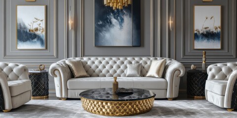 Elegant living room interior features a cream tufted sofa, a coffee table with gold accents, and matching armchairs, set against a gray wall