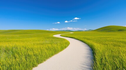 Fototapeta premium Winding path through summer wheat field, under a clear blue sky; ideal for travel brochures
