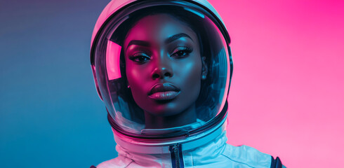 A beautiful Black woman in an astronaut suit, futuristic fashion style, pink and blue color gradient background