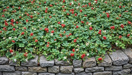 Wild strawberries on rustic stone wall with ripe red berries and white flowers