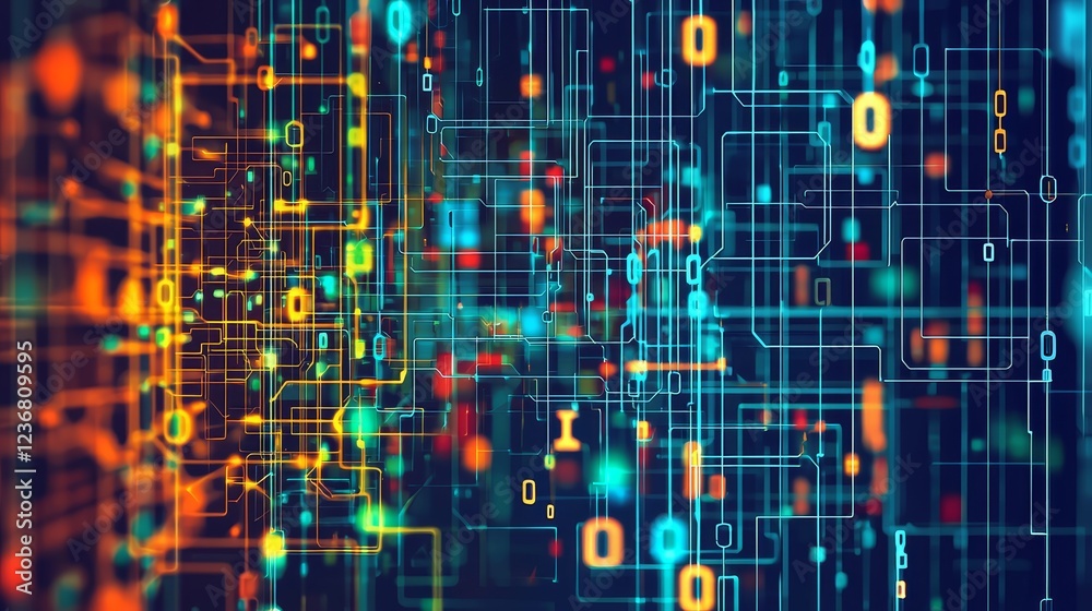 Poster abstract cyber landscape with digital patterns and colorful data streams